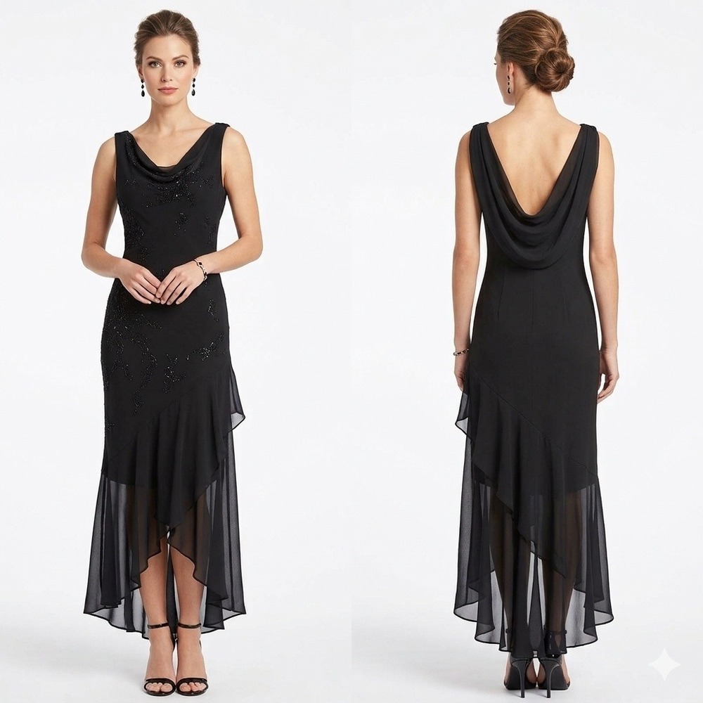90s Black Beaded Cowl Neck Draped Back Maxi Dress Size S Elegant Glam  Evening